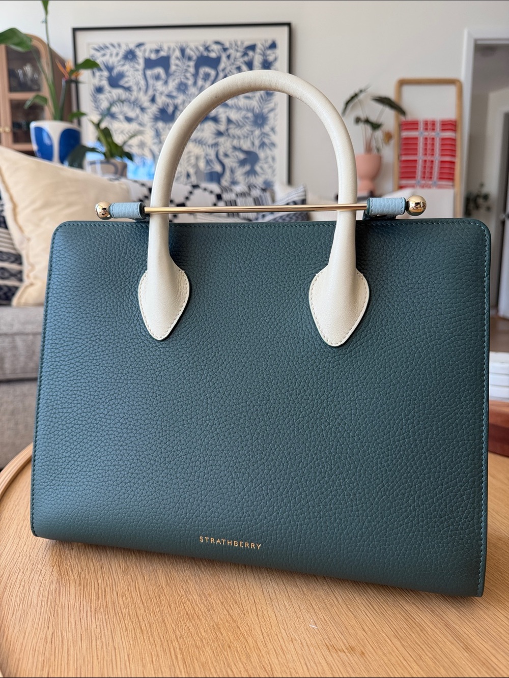 Strathberry Dark Green & Cream Midi Tote with Gold Bar